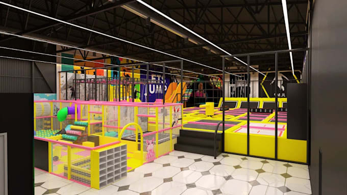 create 3d trampoline park design, indoor playground and fun center