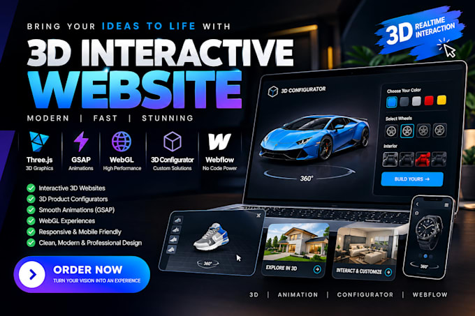create 3d interactive website, threejs, gsap, webgl, 3d configurator, webflow