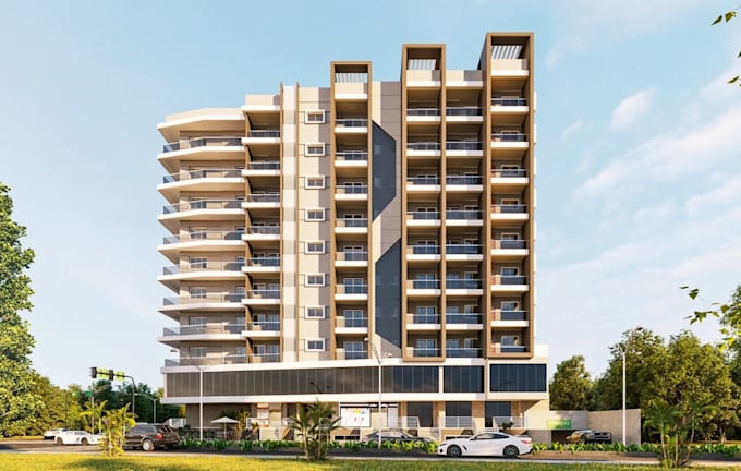render residential building external, mixed use tower, high rise complex visual