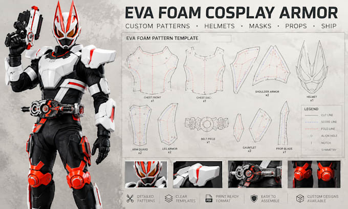 create  custom eva foam cosplay armor, helmets, masks, props, patterns and ship