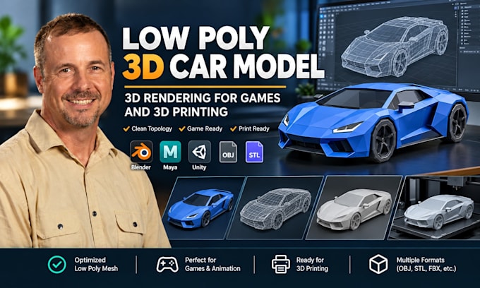 create low poly 3d car model, 3d rendering for games 3d printing