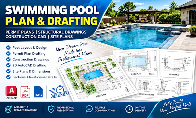draft swimming pool permit plans, structural drawings, construction cad and site