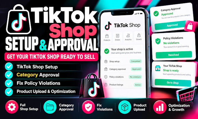 setup tiktok shop, approve categories, fix violations
