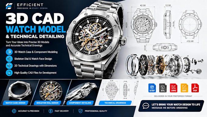 design 3d cad watch model, 3d watch cad technical detailing