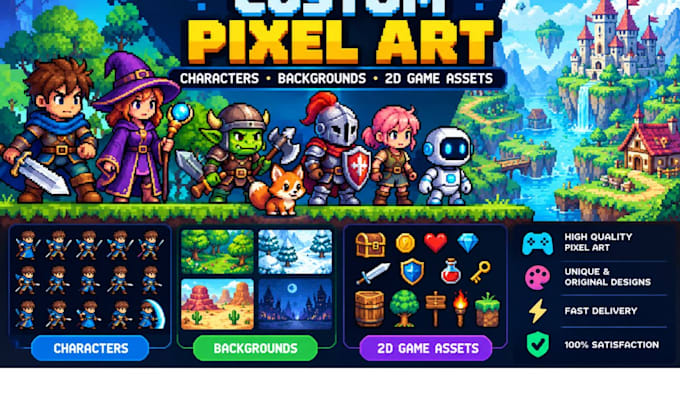 draw custom pixel art characters, backgrounds and 2d game assets for indie games