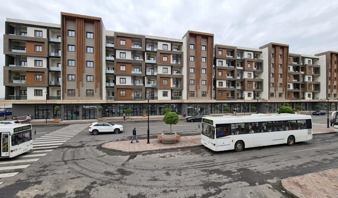 cgi multi tenant housing, mixed use apartment complex,outdoor parking lot render