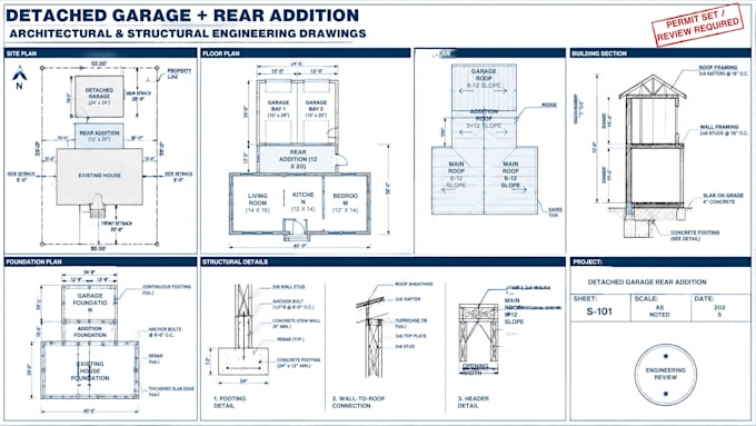 draw stamp detached garage rear addition plan and structural engineering drawing