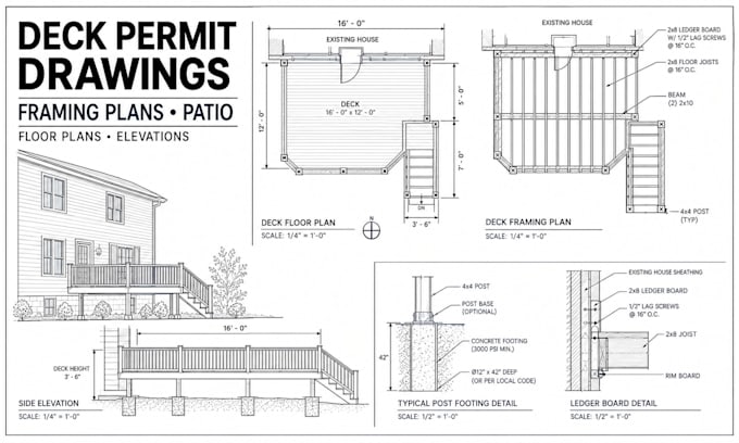 create deck permit drawings, framing plans and patio permit plans