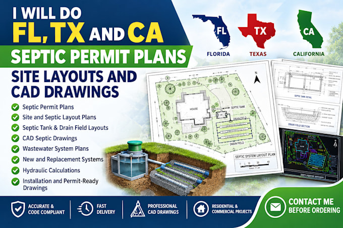 do fl, tx and ca septic permit plans site layouts and cad drawings