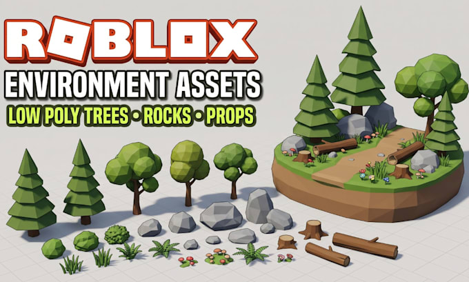 create roblox environment assets, nature props, low poly props, trees and rocks