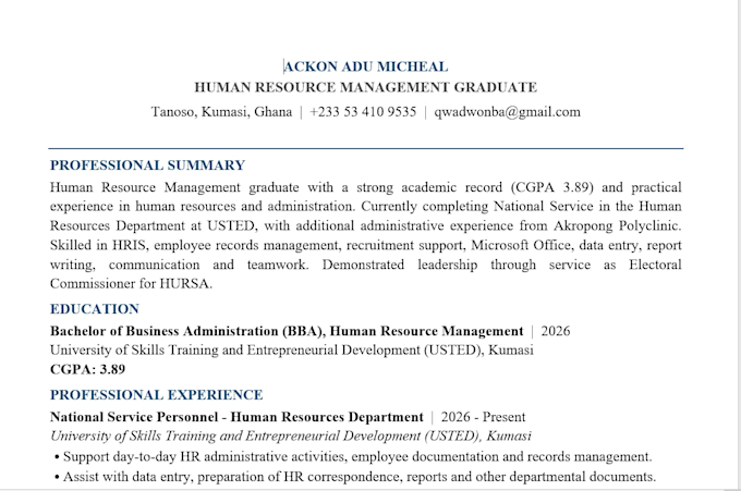 create a professional resume and CV