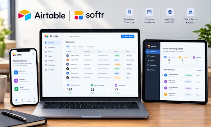 create airtable CRM, interface, database and softr webapp workflow solutions