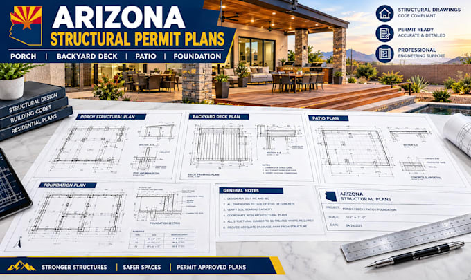 draw arizona structural permit plans, porch, backyard deck, patio, foundation