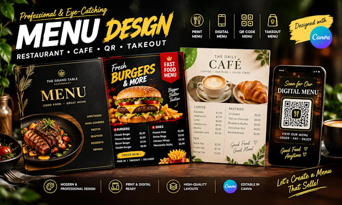 design restaurant fast food menu, cafe qr code takeout digital menu using canva