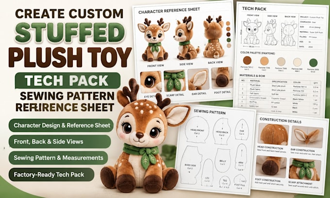 create custom stuffed plush toy tech pack sewing pattern reference sheet