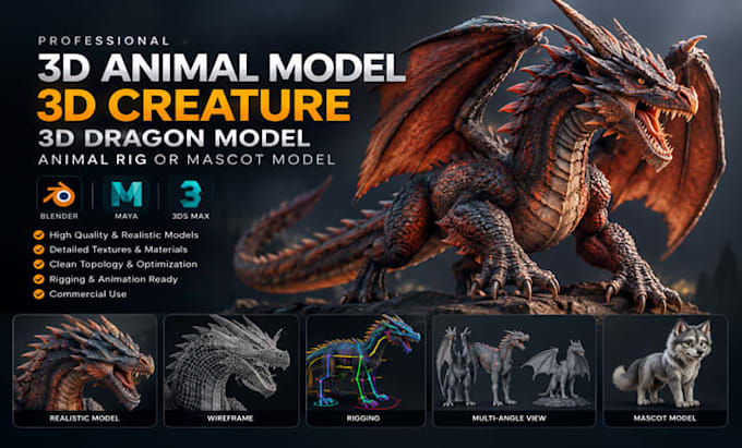 realistic 3d animal model 3d creature 3d dragon model animal rig or mascot model