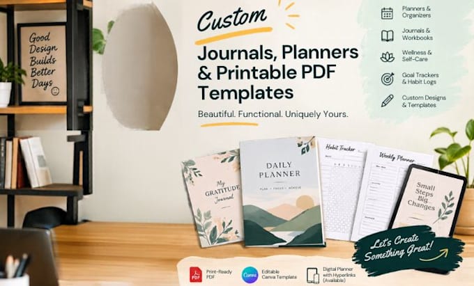 design custom journals, planners, and printable PDF templates