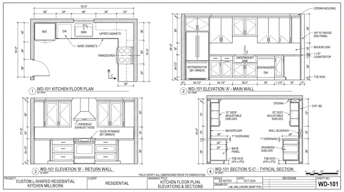 draft kitchen, wardrobe, built in cabinetry, and millwork shop drawing