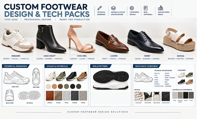 create shoe tech pack footwear cad sneaker design, high heels and sole pattern