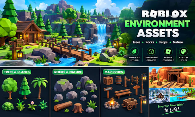 create low poly roblox environment assets, trees, rocks and map props 3d