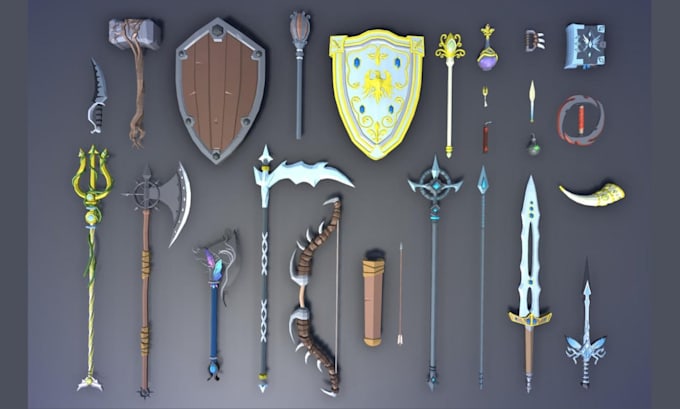 create roblox fantasy props, low poly medieval weapons, roblox low poly props