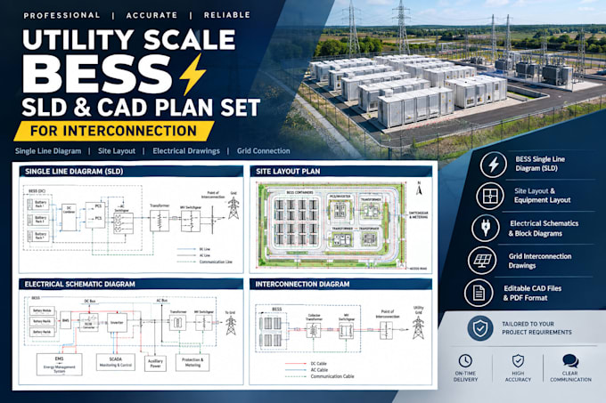 design utility scale bess sld and cad plan set for interconnection