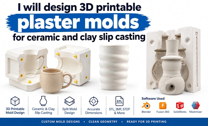 design 3d printable plaster mold for ceramic and clay slip casting