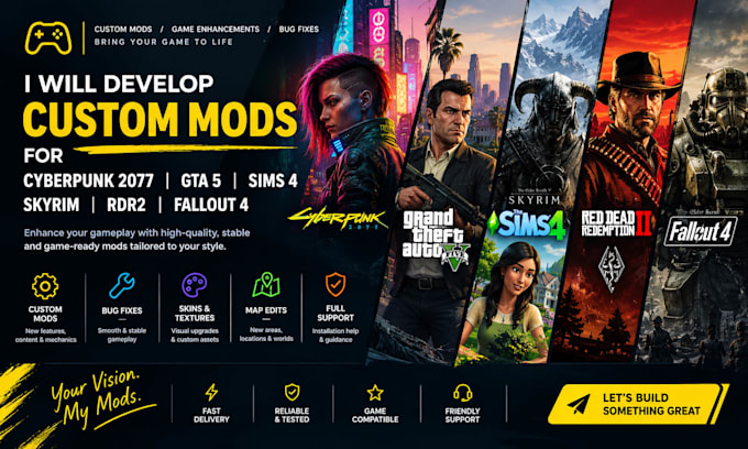 develop custom mods for cyberpunk 2077,gta 5, sims 4, skyrim rdr2, and fallout 4