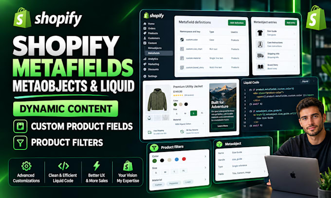 setup shopify metafields, metaobjects, liquid and dynamic content