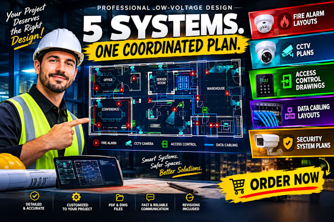 design fire alarm layouts, cctv plans, access control drawings, data cabling