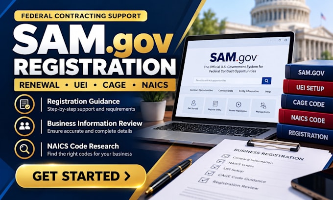 assist with sam gov registration, renewal, cage code, naics code and uei setup