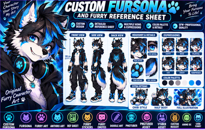 create custom fursona ref sheet and furry reference sheet