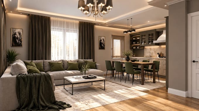 cater modular kitchen,living room render,3dvisual for marketing, interior design