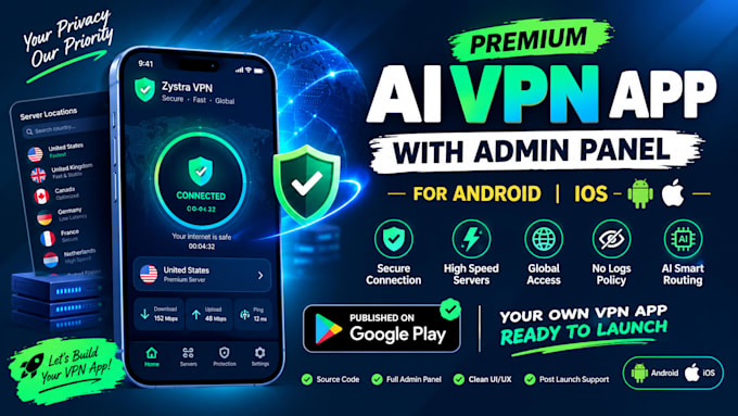 develop a premium ai VPN app with admin panel for android and ios