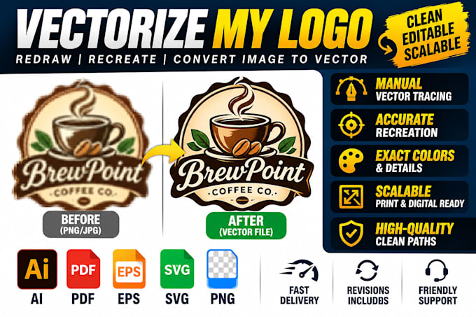 vectorize your logo, redraw, recreate and convert image to vector