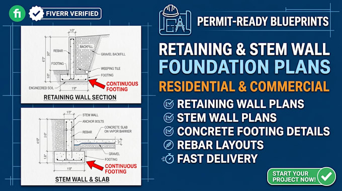design retaining wall and stem wall foundation plans with footing layout