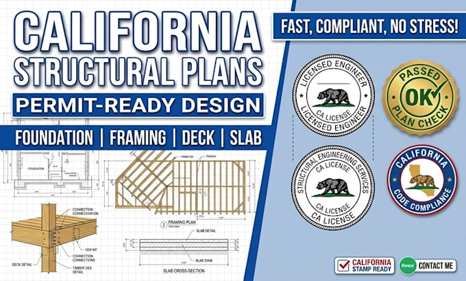 draw california structural plans, foundation, framing plans, deck, slab design