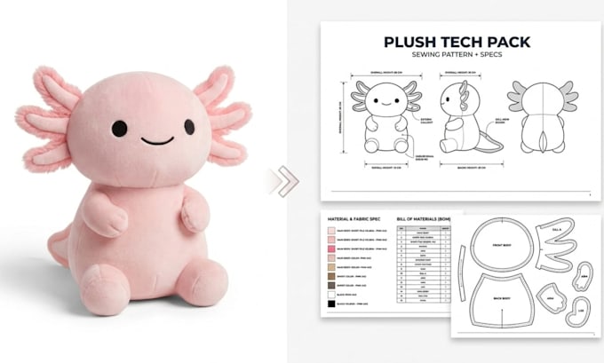 create a plush sewing pattern and tech pack for production