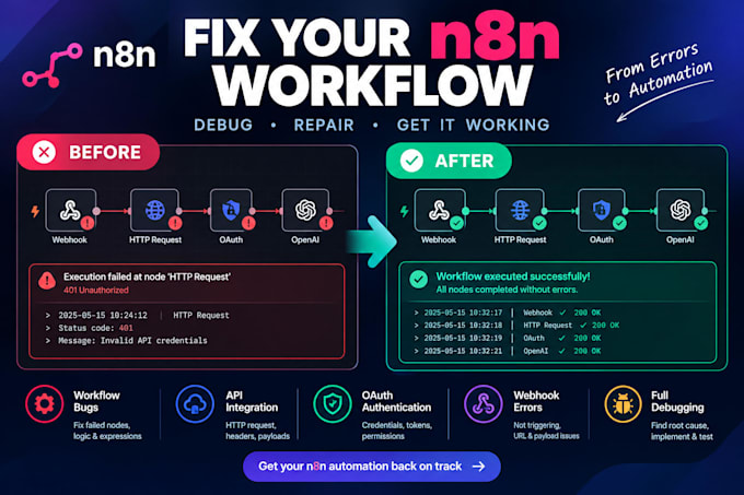 fix n8n automation bugs repair broken n8n workflow debug API oauth webhook error
