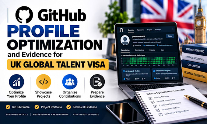 optimize github profile, projects and evidence for UK global talent visa