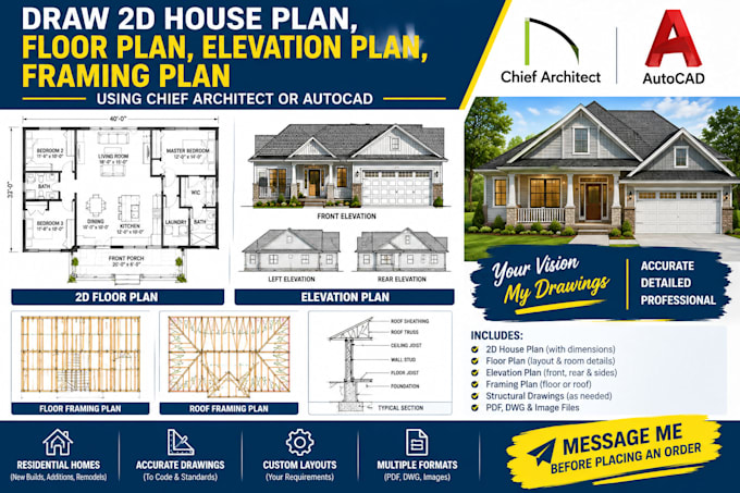 draw barndominium and post frame house plans with elevations and framing