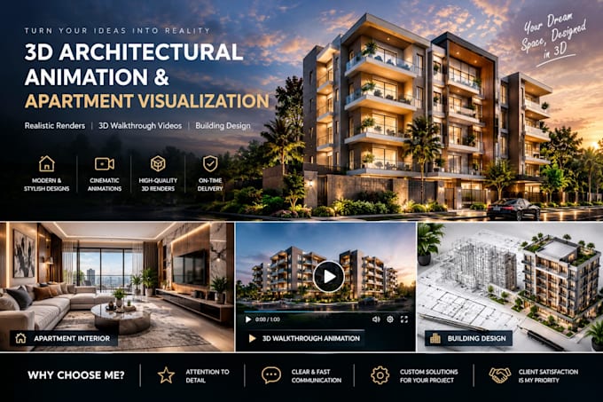 create realistic architectural animation, 3d apartment video and building design