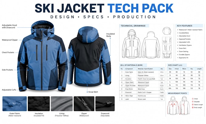 do a professional ski jacket tech pack for apparel production