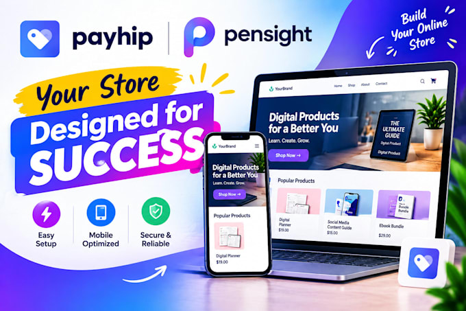 design a professional payhip store, payhip website, or pensight store