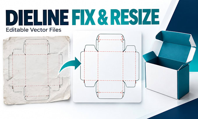 resize, fix and redraw packaging dieline, cut lines and editable vector template