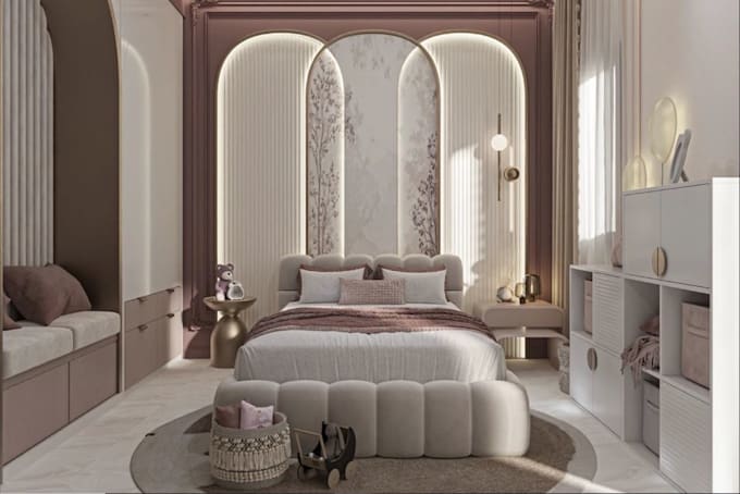 redesign luxury custom girls bedroom layout, elegant nursery interior rendering