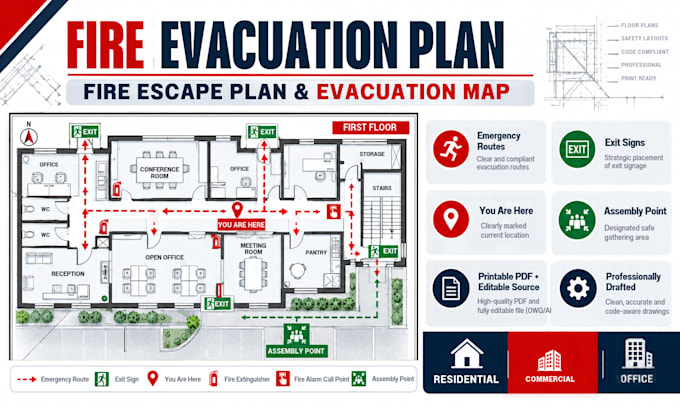 design fire evacuation plan, fire escape plan and evacuation map