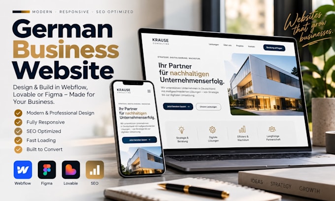build design responsive german business website on webflow lovable figma SEO