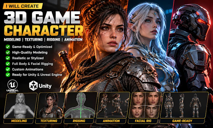 create 3d game character modeling, rigging and animation
