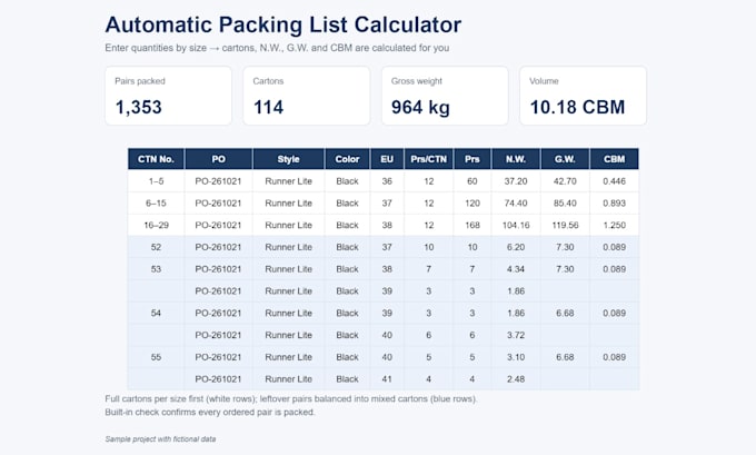 create an automatic excel packing list with cartons, weight and cbm